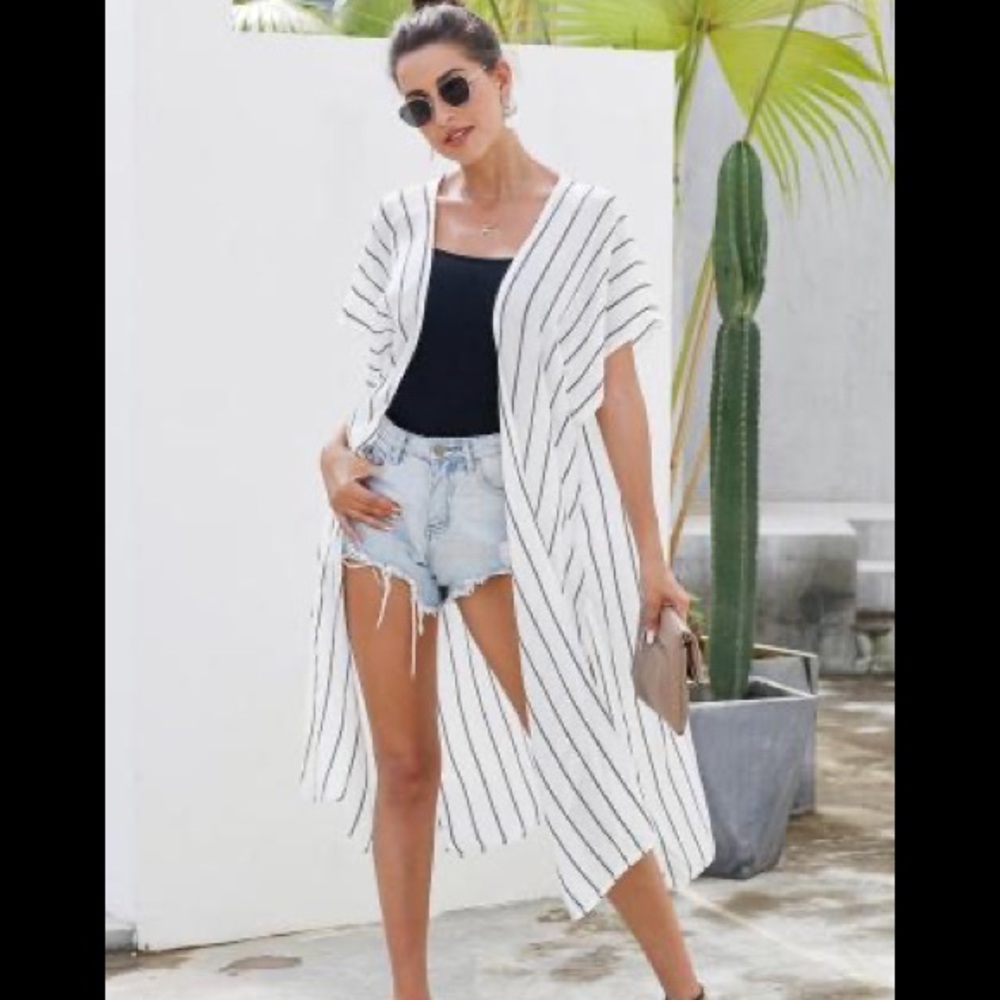 White Striped Open Kimono Multi-Season New In Package - Picture 11 of 12